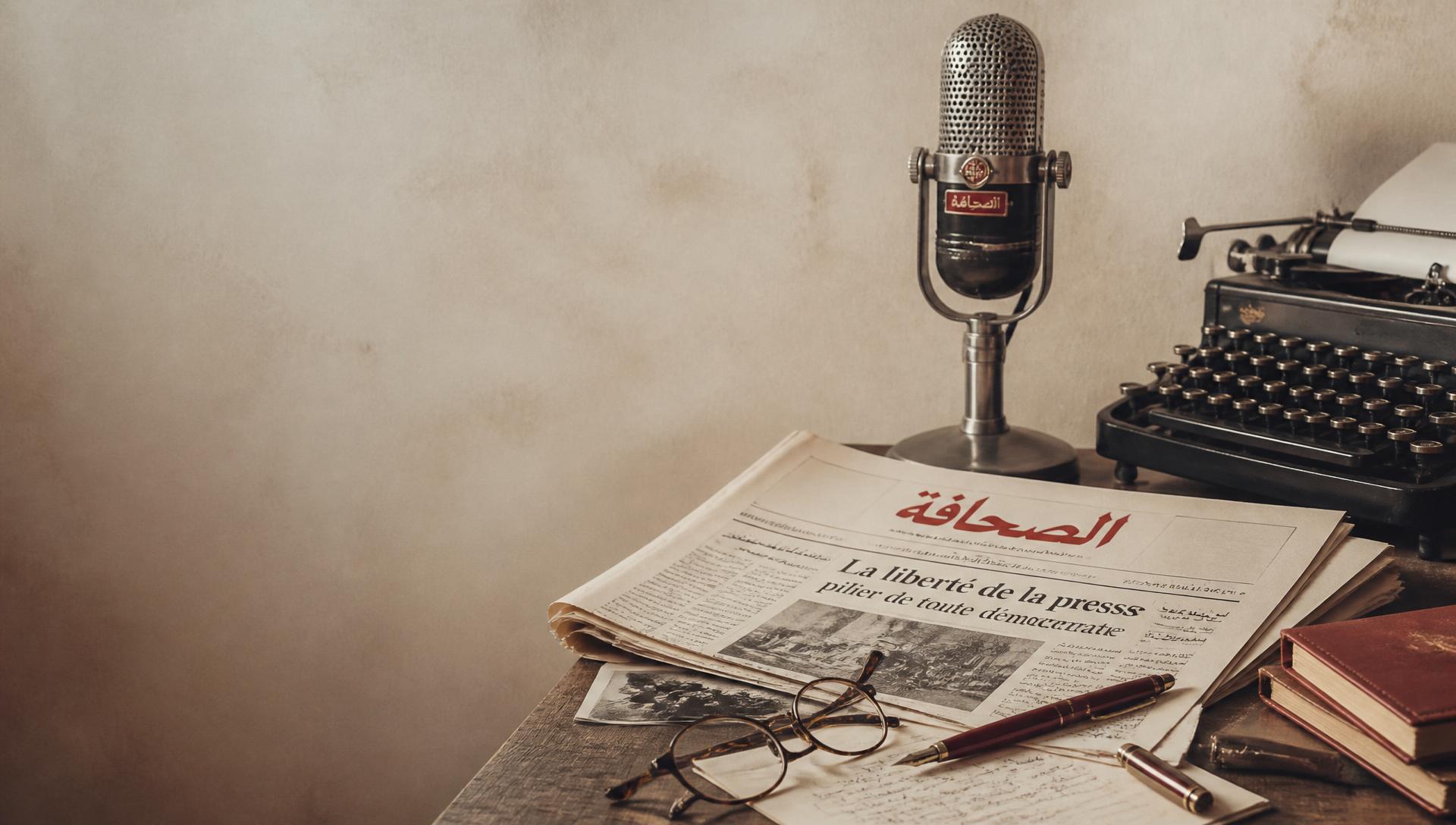 Bureau de presse - machine à écrire, micro et journaux